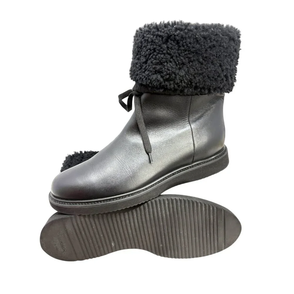 Aquatalia Heidy Black Leather Shearling Waterproof Wedge Booties‎